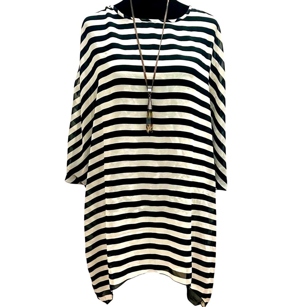 ⚫⚪Black White Striped Sheer Cover Up OSFM Beach Vacation - Picture 3 of 12